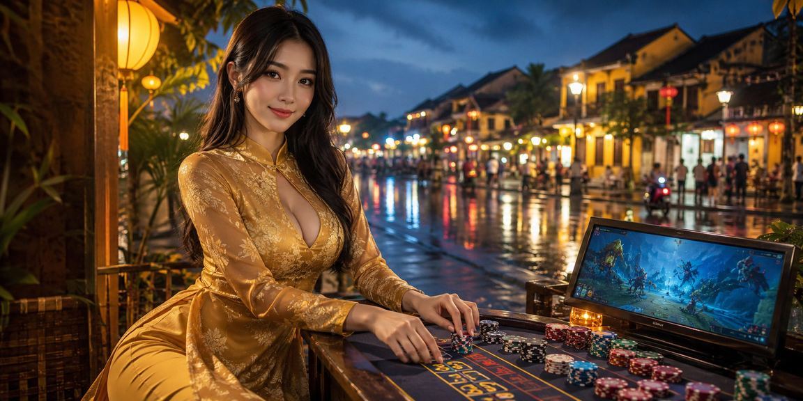 Người chơi esports trong trang phục áo dài tại Hội An theo dõi kèo LMHT trên điện thoại