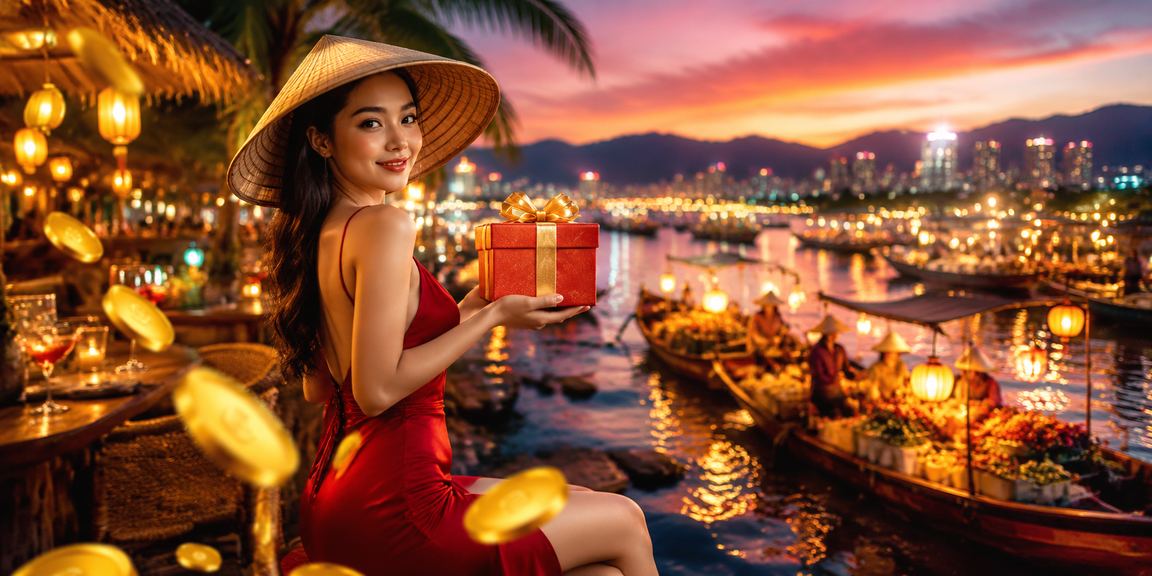 Người chơi nhận thưởng đăng ký tại Nha Trang với nón lá truyền thống và giao diện điện thoại